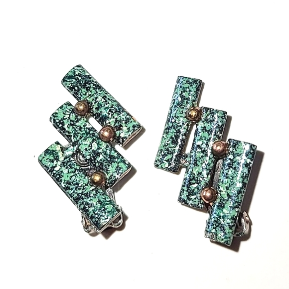 GREEN ENAMEL COPPER PLATED NECKLACE & EARRINGS - VINTAGE SET - Picture 5 of 11